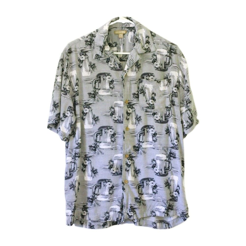 George Mens Sz S 34-36 Gray Floral Beer Mug Aloha Hawaiian Camp Rayon Shirt